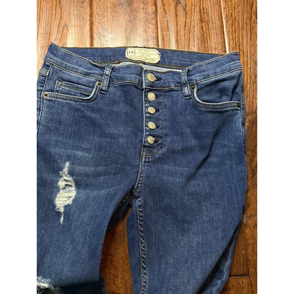 Free People Distressed Skinny Jeans Blue Button Fly Raw Hem Size 27